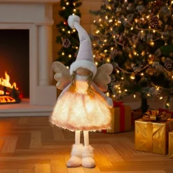 Ange de Noël lumineux à piles (H50 cm) Gladys robe Rose