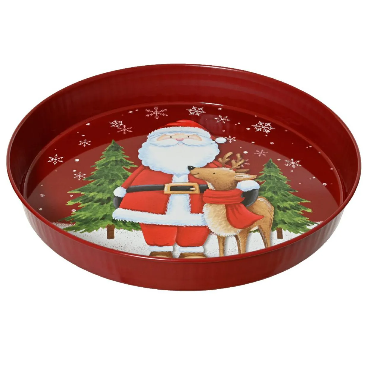 Assiette décorative ronde (D25 cm) Père Noël et son renne Rouge et blanc