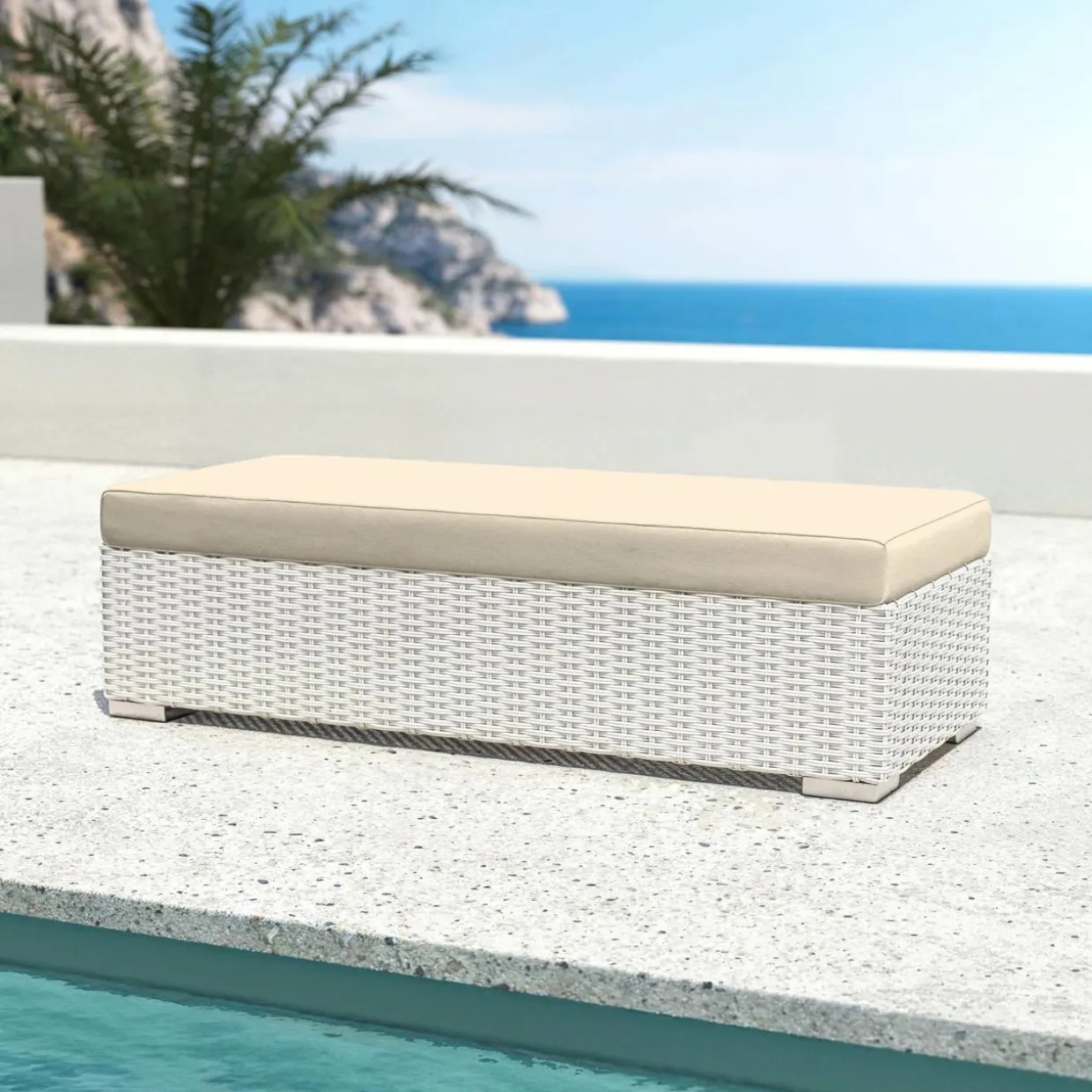 Banquette en résine tressée 2 places Palma Blanc et beige