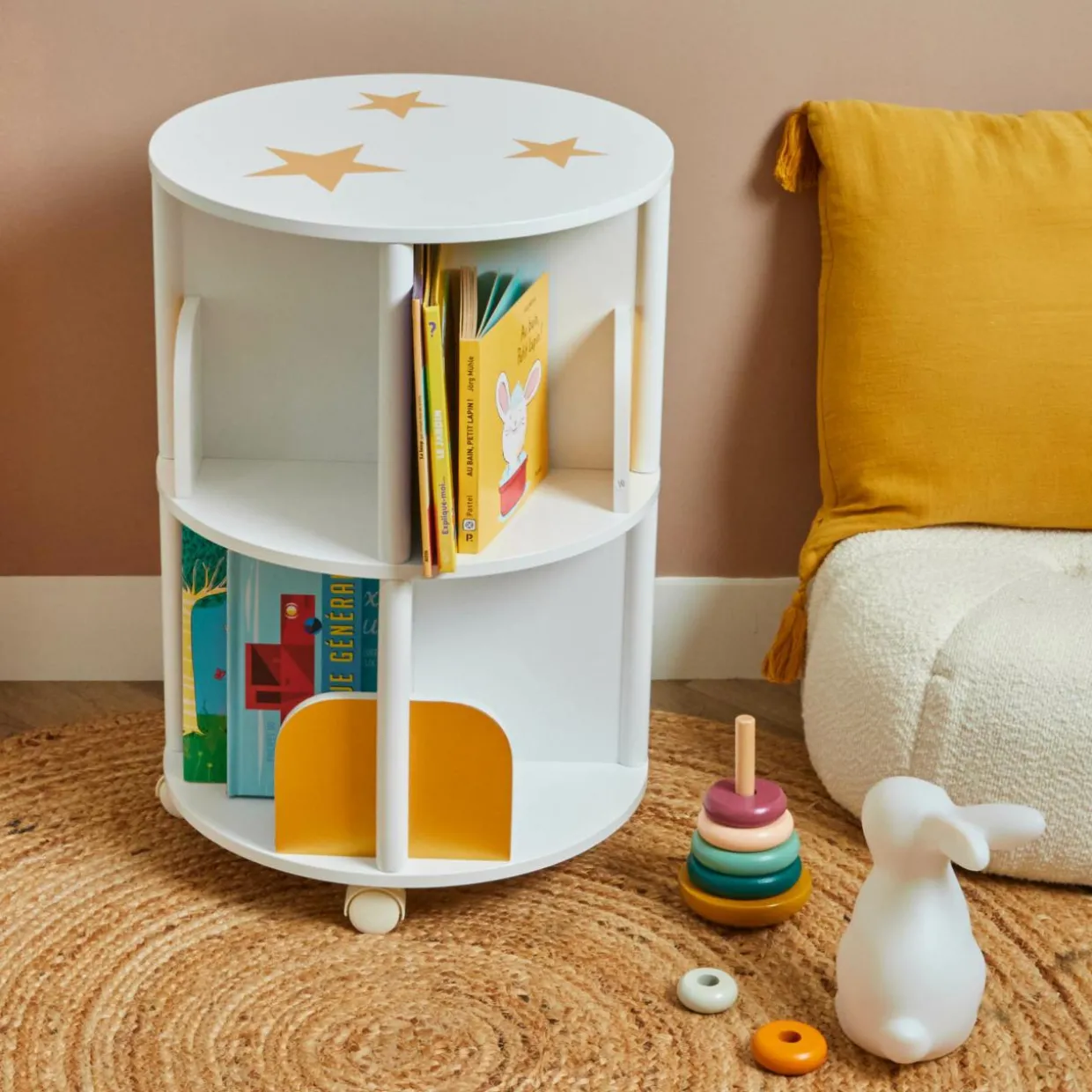 Bibliothèque à roulettes enfant bois (H59 cm) Stars Blanche