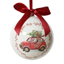 Boule de Noël (D100 mm) Noeud rouge Voiture du Père Noël Blanc