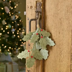 Branche à suspendre en feutrine (H28 cm) Houx de Noël et baies Rouge
