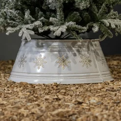 Cache pied de sapin en métal (D57 cm) Blanc et Flocons dorés