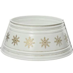 Cache pied de sapin en métal (D57 cm) Blanc et Flocons dorés