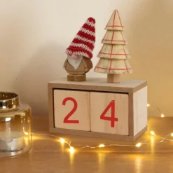 Calendrier de Noël cubes en bois (H18 cm) Père Noël bonnet Rouge
