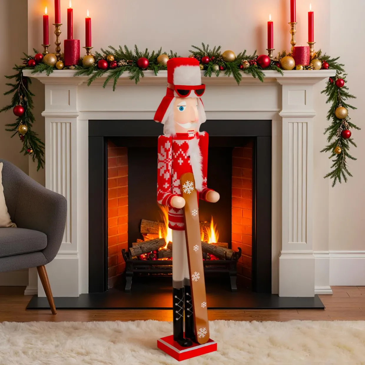 Casse-noisette en bois (H106 cm) Tomi en ski Rouge et blanc