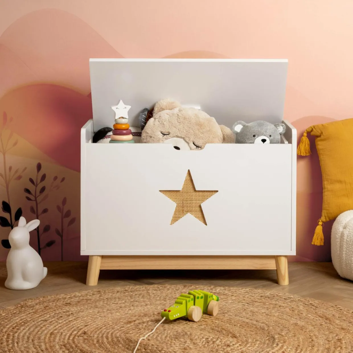 Coffre à jouet avec couvercle enfant bois (H51 cm) Stars Blanc
