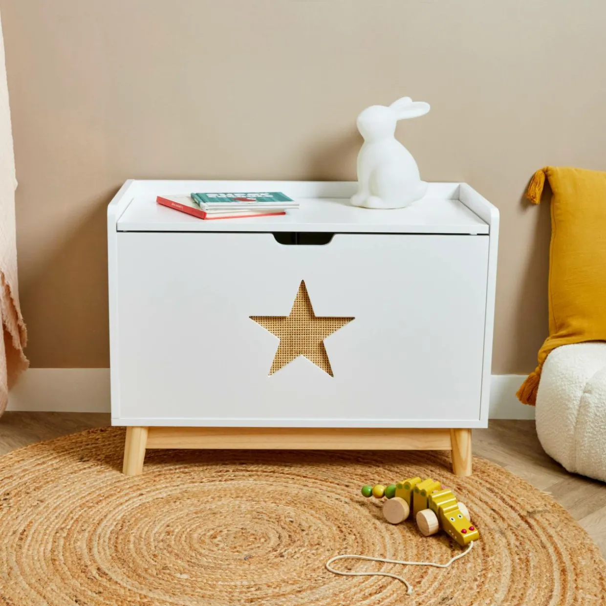 Coffre à jouet avec couvercle enfant bois (H51 cm) Stars Blanc