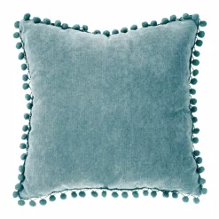 Coussin carré (40 x 40 cm) Pompons Bleu canard