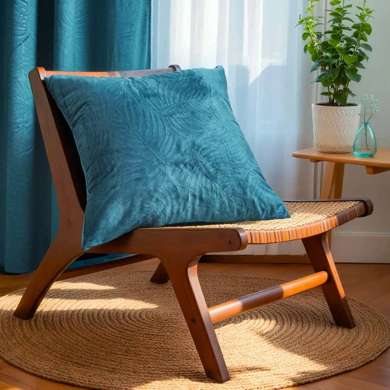 Coussin carré velours (60 x 60 cm) Fern Bleu pétrole