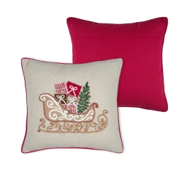 Coussin de Noël carré brodé (45 x 45 cm) Traineau Beige