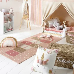 Coussin enfant carré (40 x 40 cm) Licorne Pompons Multicolore