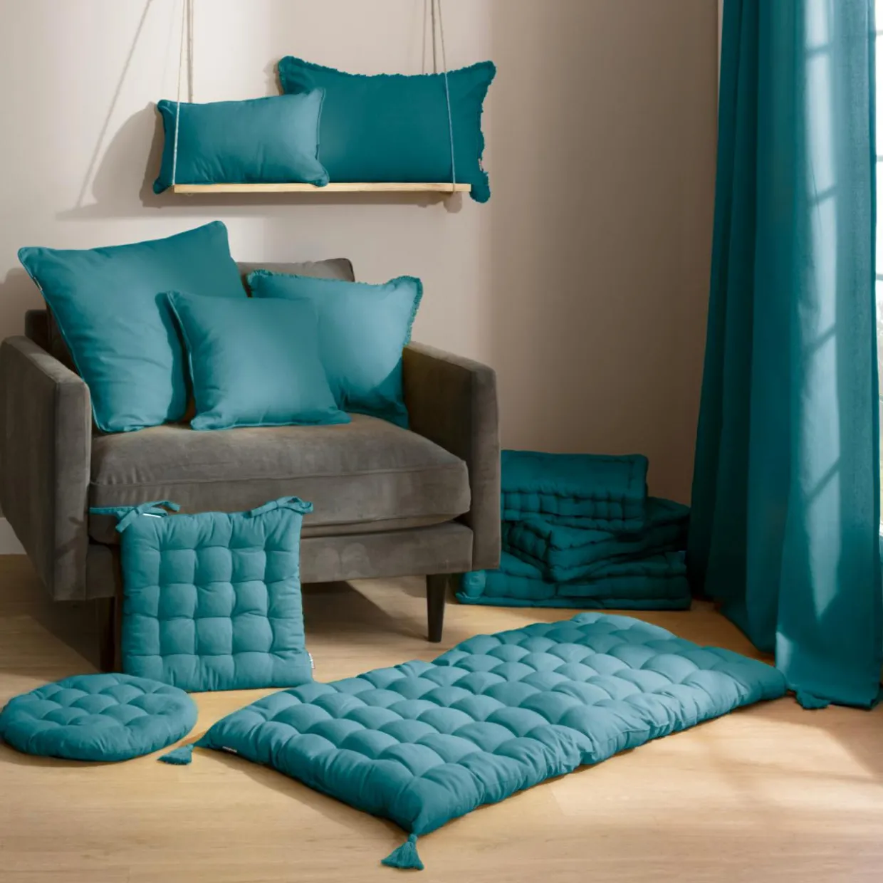 Coussin rectangulaire coton (30 x 50 cm) Pixel Bleu canard