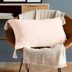 Coussin rectangulaire gaze de coton (40 x 60 cm) Gaïa Rose poudré