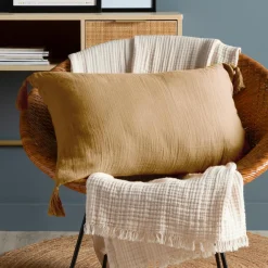 Coussin rectangulaire gaze de coton (40 x 60 cm) Gaïa Camel