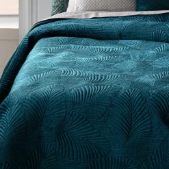 Couvre-lit (260 x 240 cm) Feuilles Bleu canard