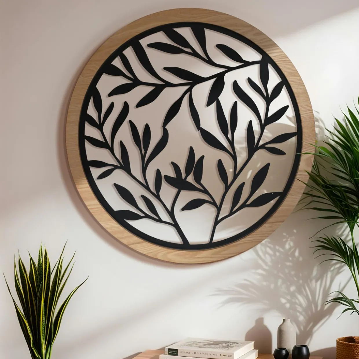 Décoration murale ronde en métal (D60 cm) Éclat de Feuille Noir