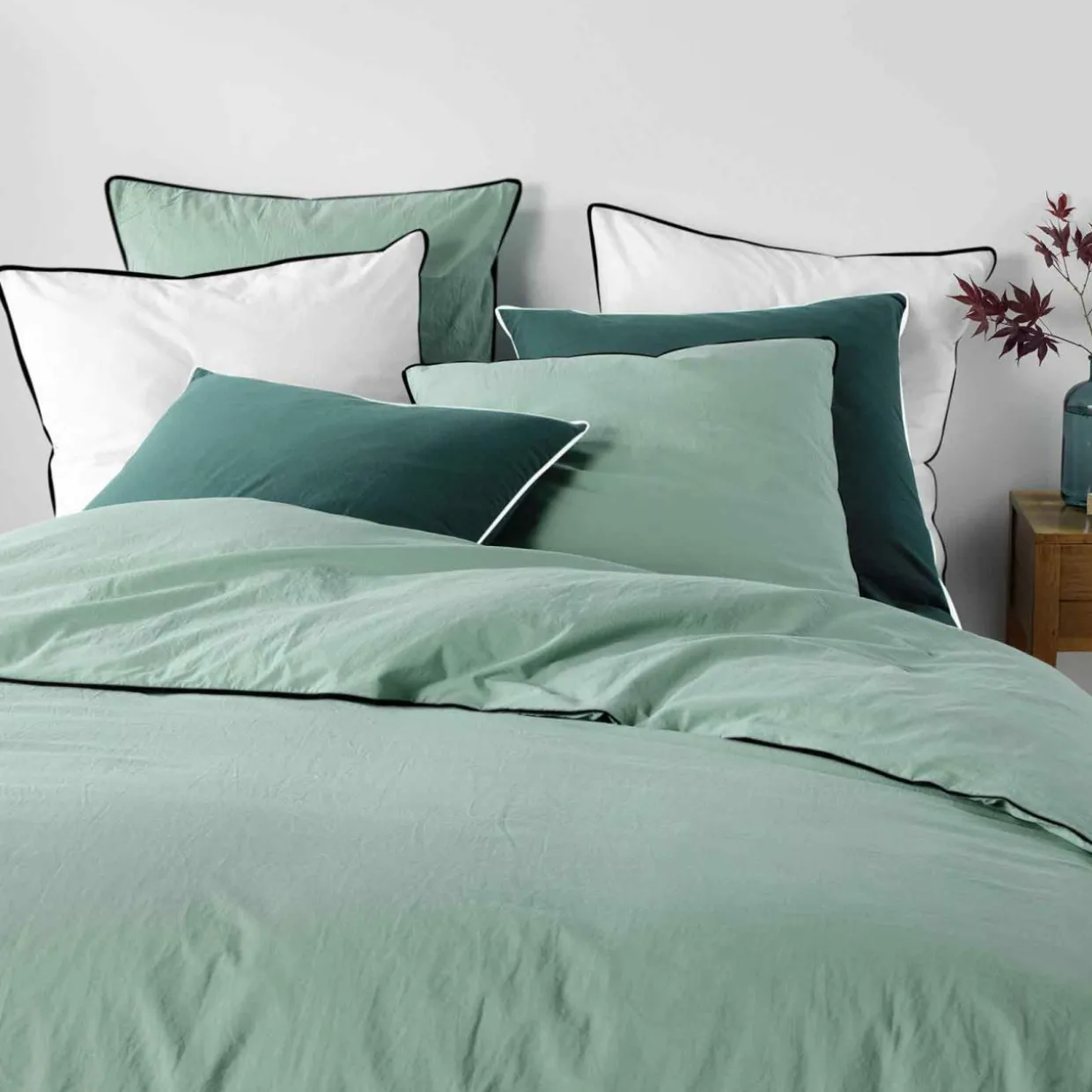 Drap housse coton lavé (160 x 200 cm) Linette Vert sauge