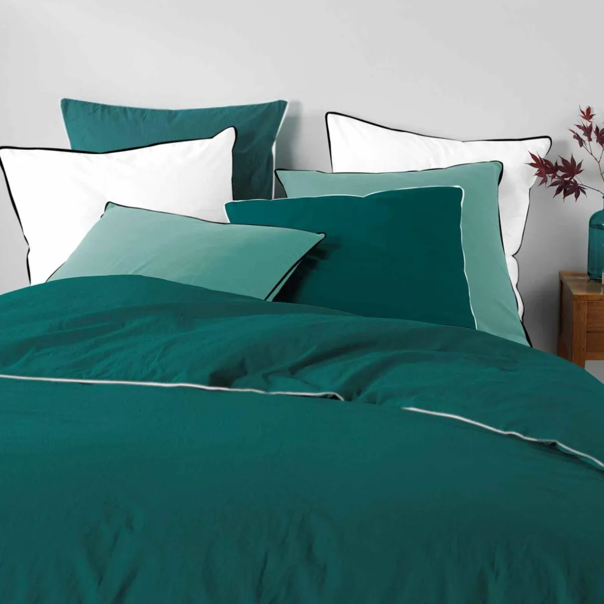 Drap housse coton lavé (140 x 190 cm) Linette Bleu pétrole