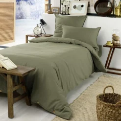 Drap housse flanelle de coton (90 x 190 cm) Nina Vert romarin
