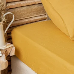 Drap housse lin lavé (180 x 200 cm) Louise Jaune moutarde