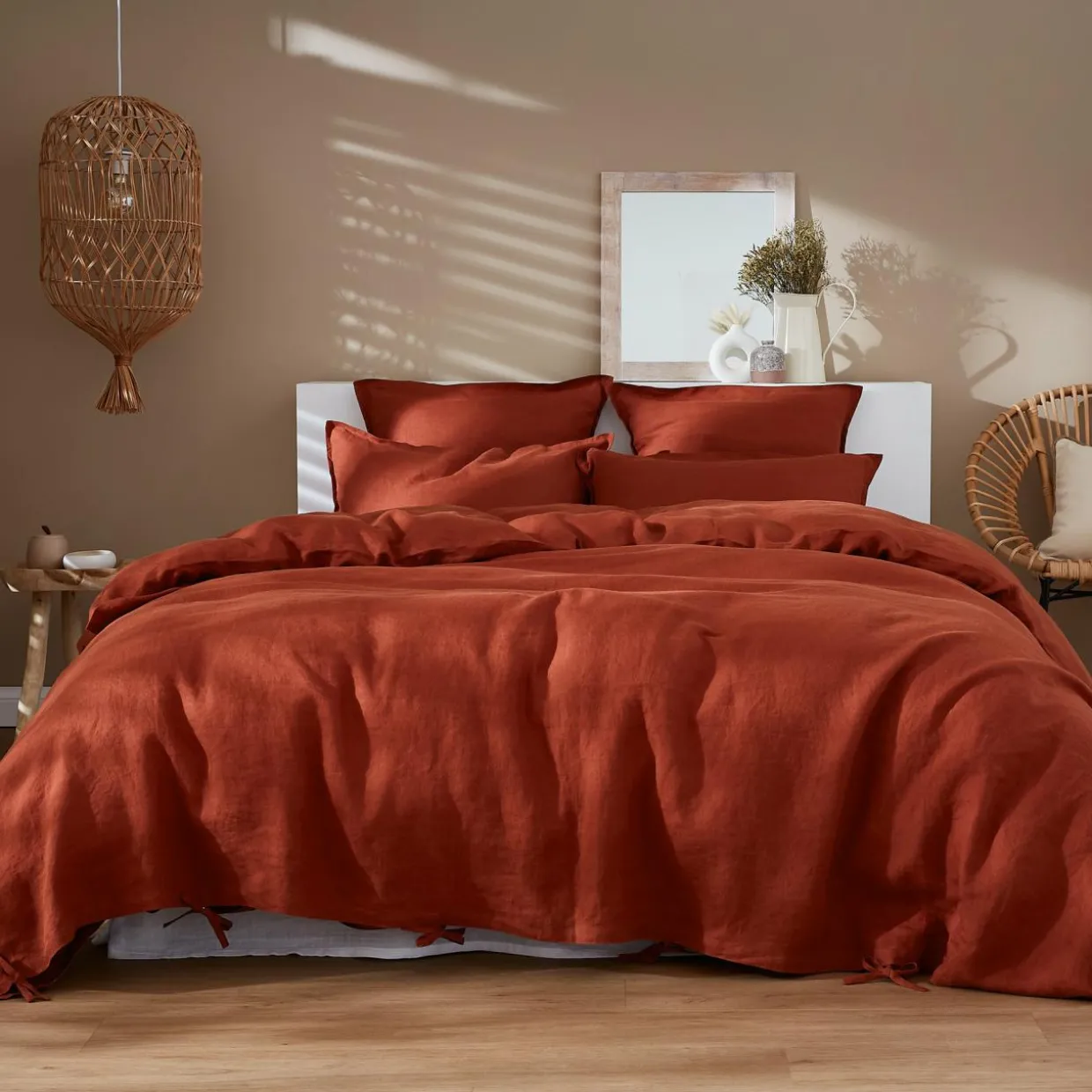 Drap housse lin lavé (180 x 200 cm) Louise Terracotta