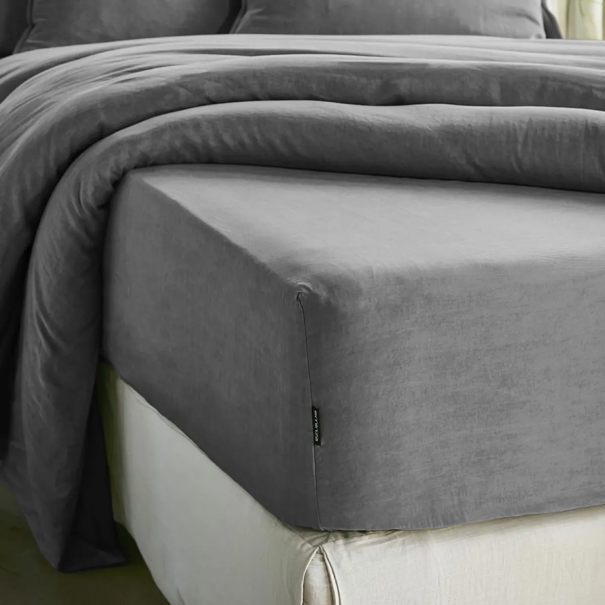 Drap housse lyocell Tencel™ lavé (140 x 190 cm) Olivia Gris granit