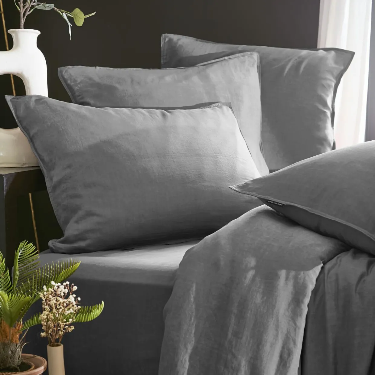 Drap housse lyocell Tencel™ lavé (140 x 190 cm) Olivia Gris granit