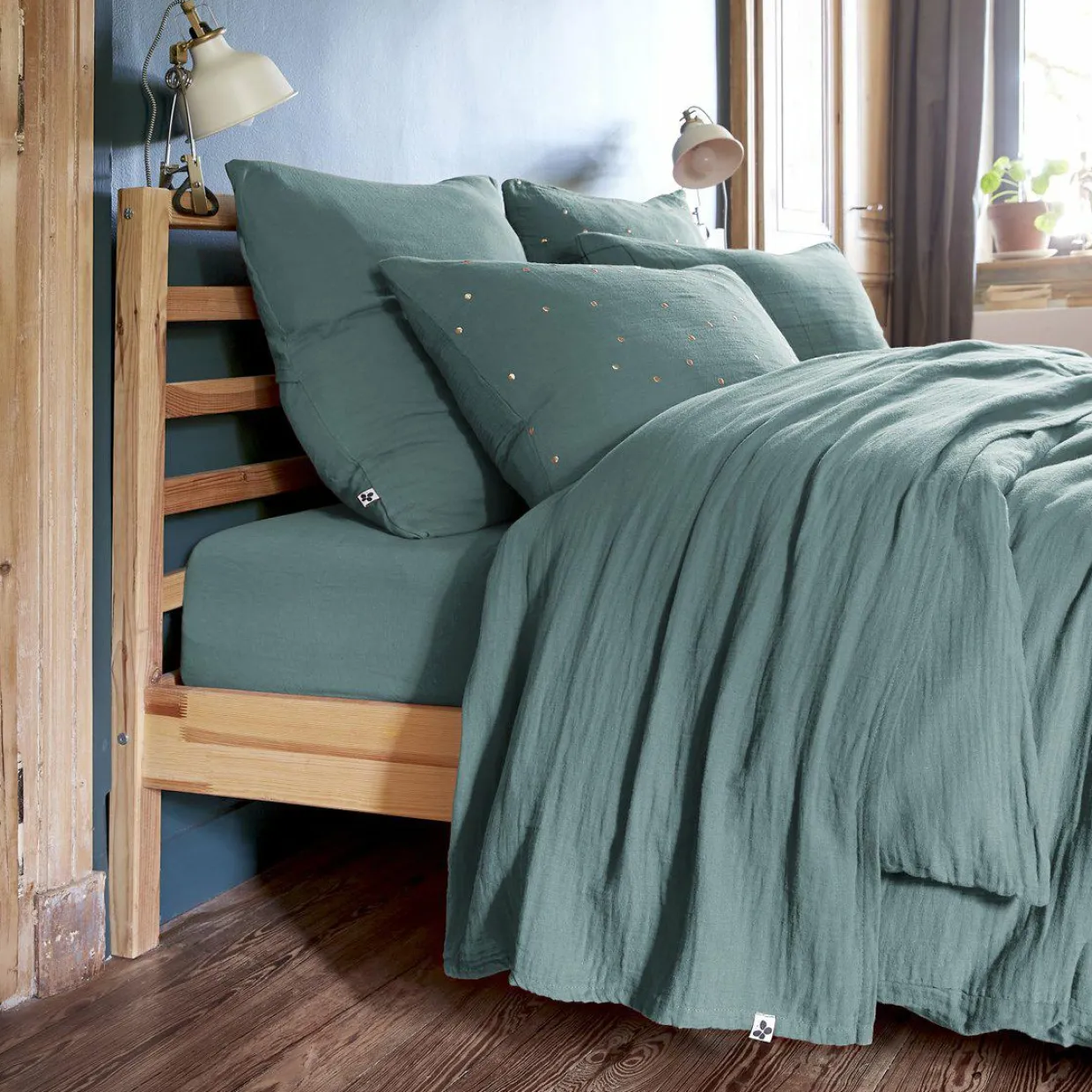 Drap plat gaze de coton (270 x 300 cm) Gaïa Bleu canard