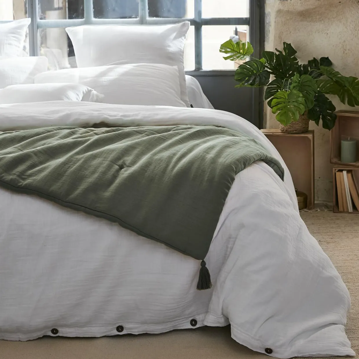 Edredon gaze de coton (150 x 150 cm) Gaïa Vert romarin