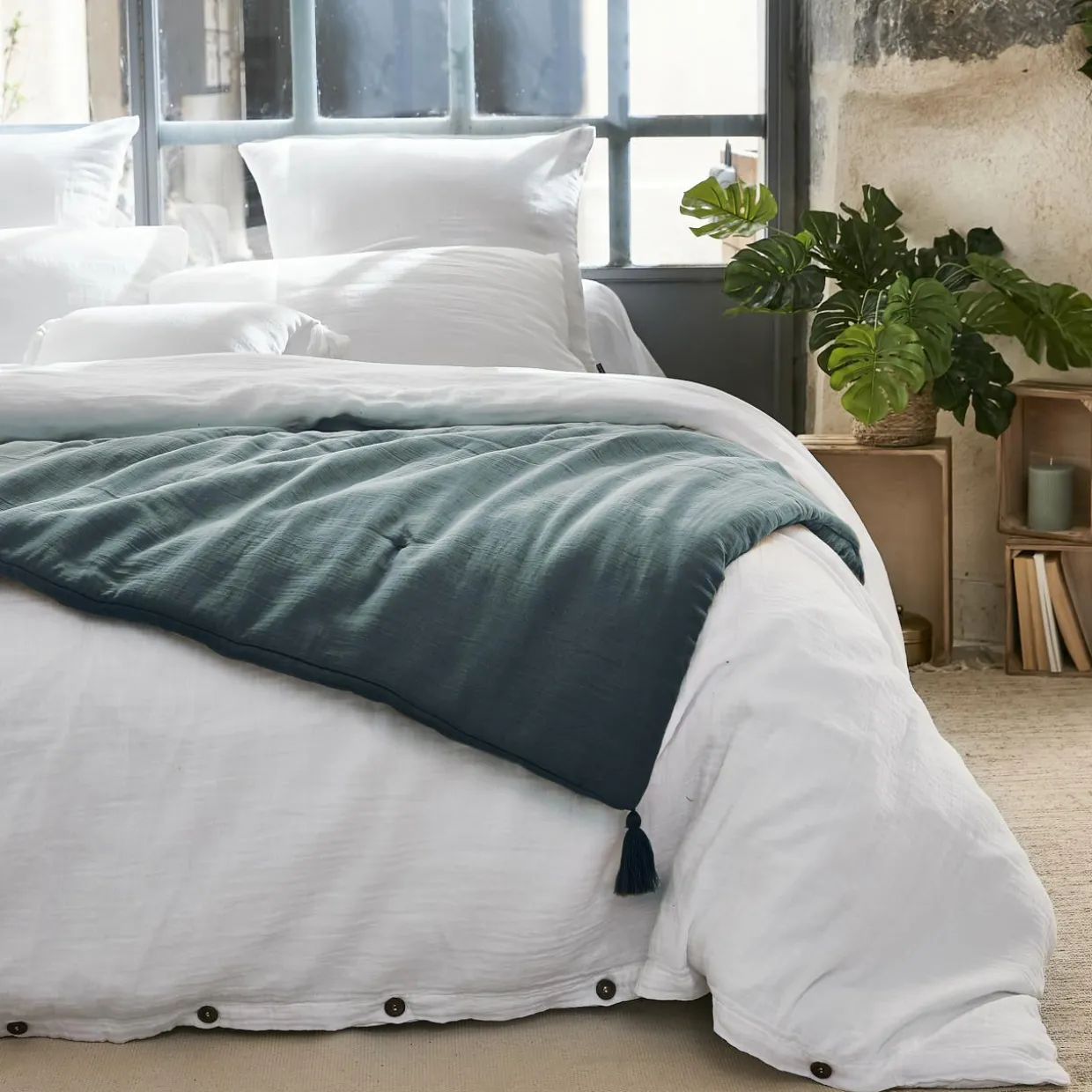 Edredon gaze de coton (150 x 150 cm) Gaïa Bleu canard