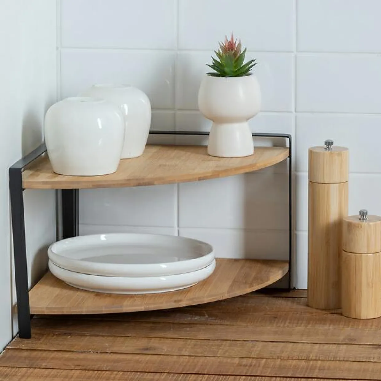 Etagère d'angle bois 2 niveaux (H20,5 cm) Ordera Noir