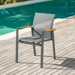 Fauteuil de jardin aluminium et bois teck empilable Bali Gris anthracite