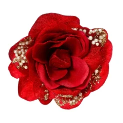 Fleur décorative sur pince (D13 cm) Rose perlée Rouge