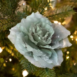 Fleur décorative sur pince pailletée (D14 cm) Vert sauge