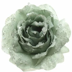 Fleur décorative sur pince pailletée (D14 cm) Vert sauge