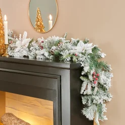 Guirlande de sapin (200 cm) Poinsettia luxe Blanc