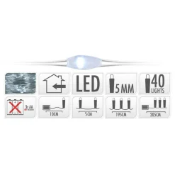 Guirlande lumineuse à piles 195 cm 40 micro LED Fil d'argent Blanc froid