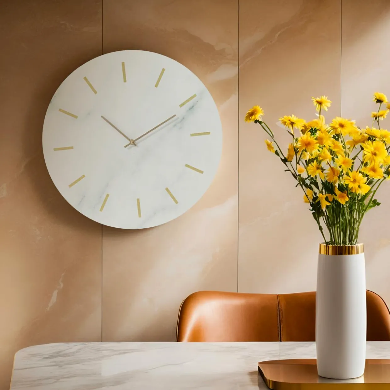 Horloge murale en bois (D51 cm) Marbre Blanc