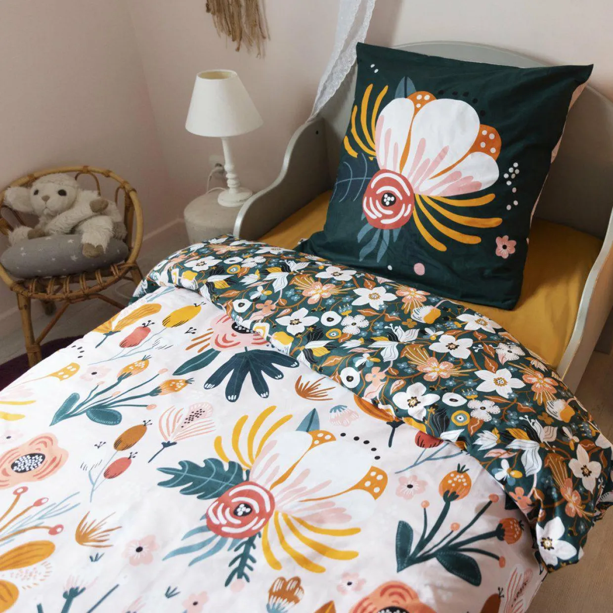 Housse de couette et deux taies enfant coton (200 x 200 cm) Champetre Multicolore