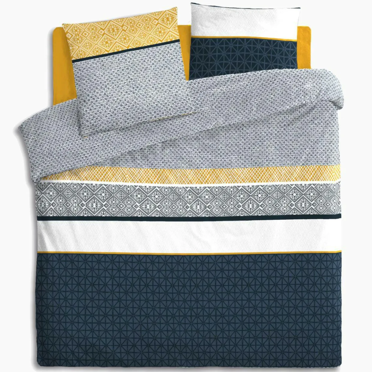 Housse de couette et deux taies coton (240 x 220 cm) Ray Etni Bleue