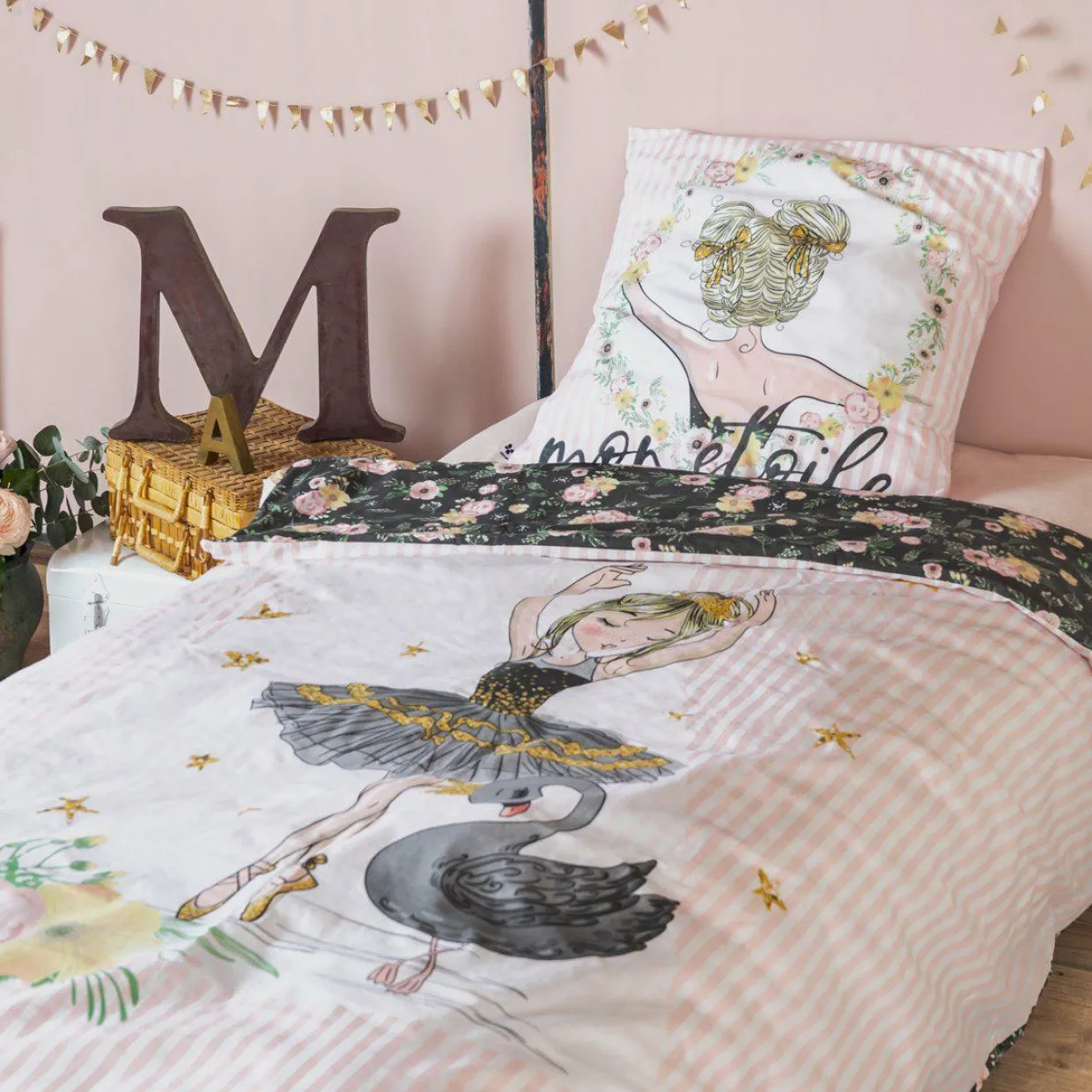 Housse de couette et deux taies enfant coton (200 x 200 cm) Mon étoile Rose
