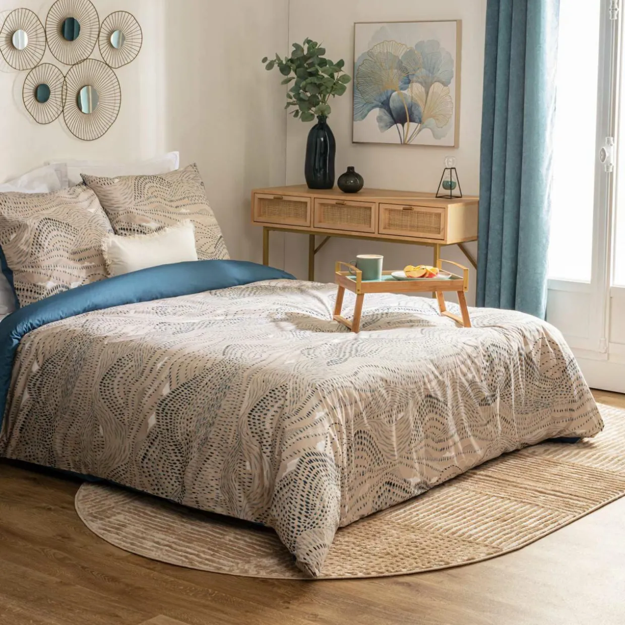 Housse de couette et deux taies percale de coton (260 x 240 cm) Ilyan Beige