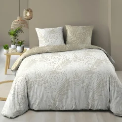 Housse de couette et deux taies coton (260 x 240 cm) Cassia Beige