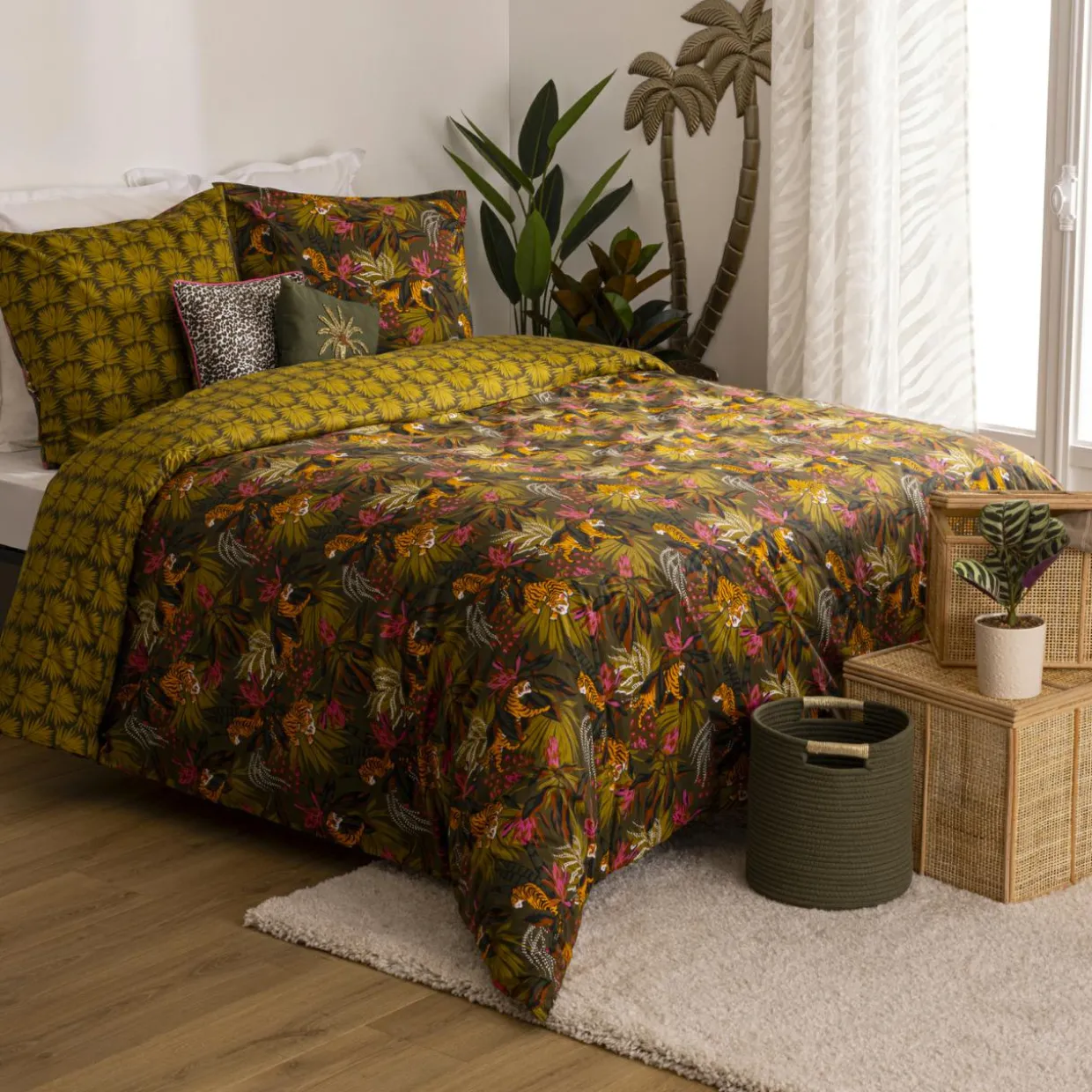 Housse de couette et deux taies coton (240 x 220 cm) Boudoir Vert kaki