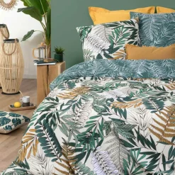 Housse de couette et deux taies coton (240 x 220 cm) Tropik Verte
