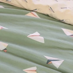 Housse de couette et deux taies enfant coton (200 x 200 cm) Petits papiers Verte