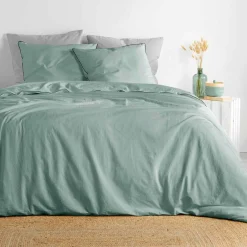 Housse de couette et deux taies coton lavé (260 x 240 cm) Linette Vert sauge