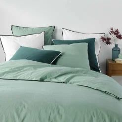 Housse de couette et deux taies coton lavé (260 x 240 cm) Linette Vert sauge