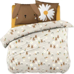 Housse de couette et deux taies enfant coton (200 x 200 cm) Pompon Marron